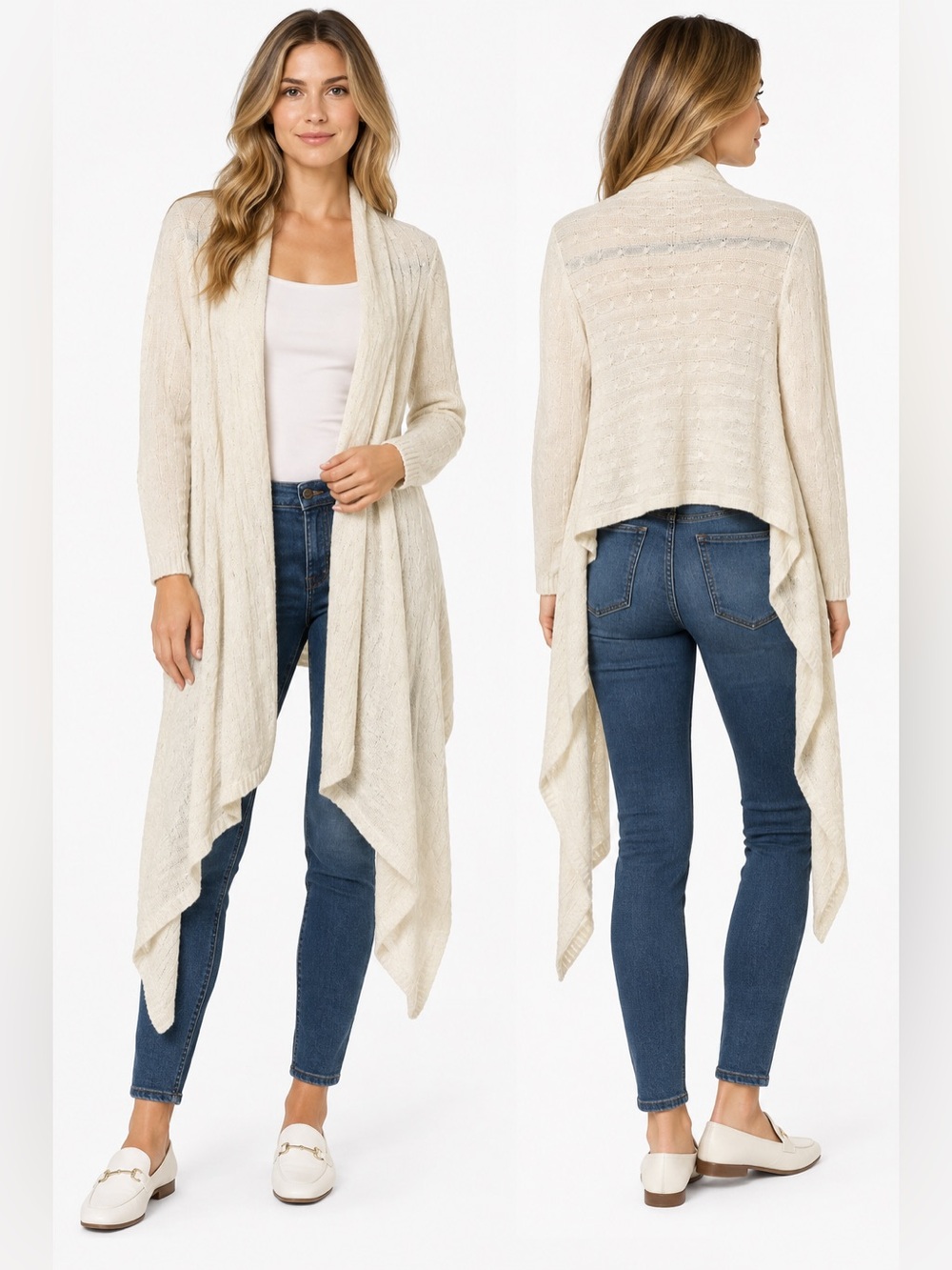 Nordstrom Wool Alpaca Cable Knit Waterfall Cardigan Draped Ivory One Size